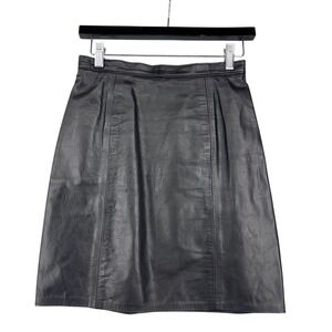 Vintage 90's Black Real Leather Skirt Knee Length Size 25 waist‎ 90's minimalism